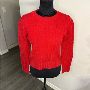 Vintage 100% Shetland Wool Vibrant Red Cable Knit Cropped Baby Tee Sweater.
